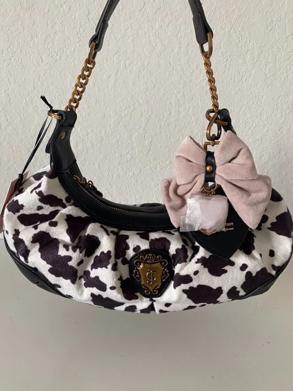 Juicy Couture Romance Cow Print Hobo Coho Bag‎ Liquorice White W/Charm Viral NEW